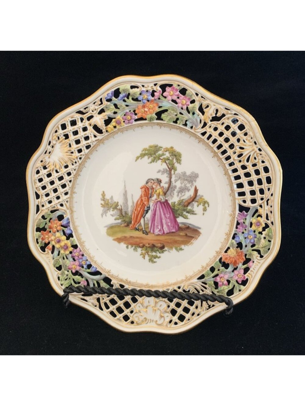 Antique 8.5" Helena Wolfsohn Dresden Reticulated Cabinet Plate Watteau Victorian